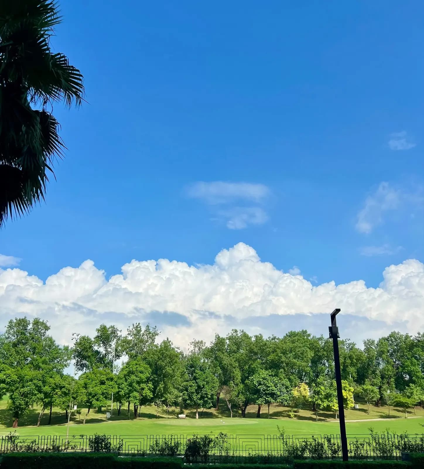 Green golf course under a bright blue sky