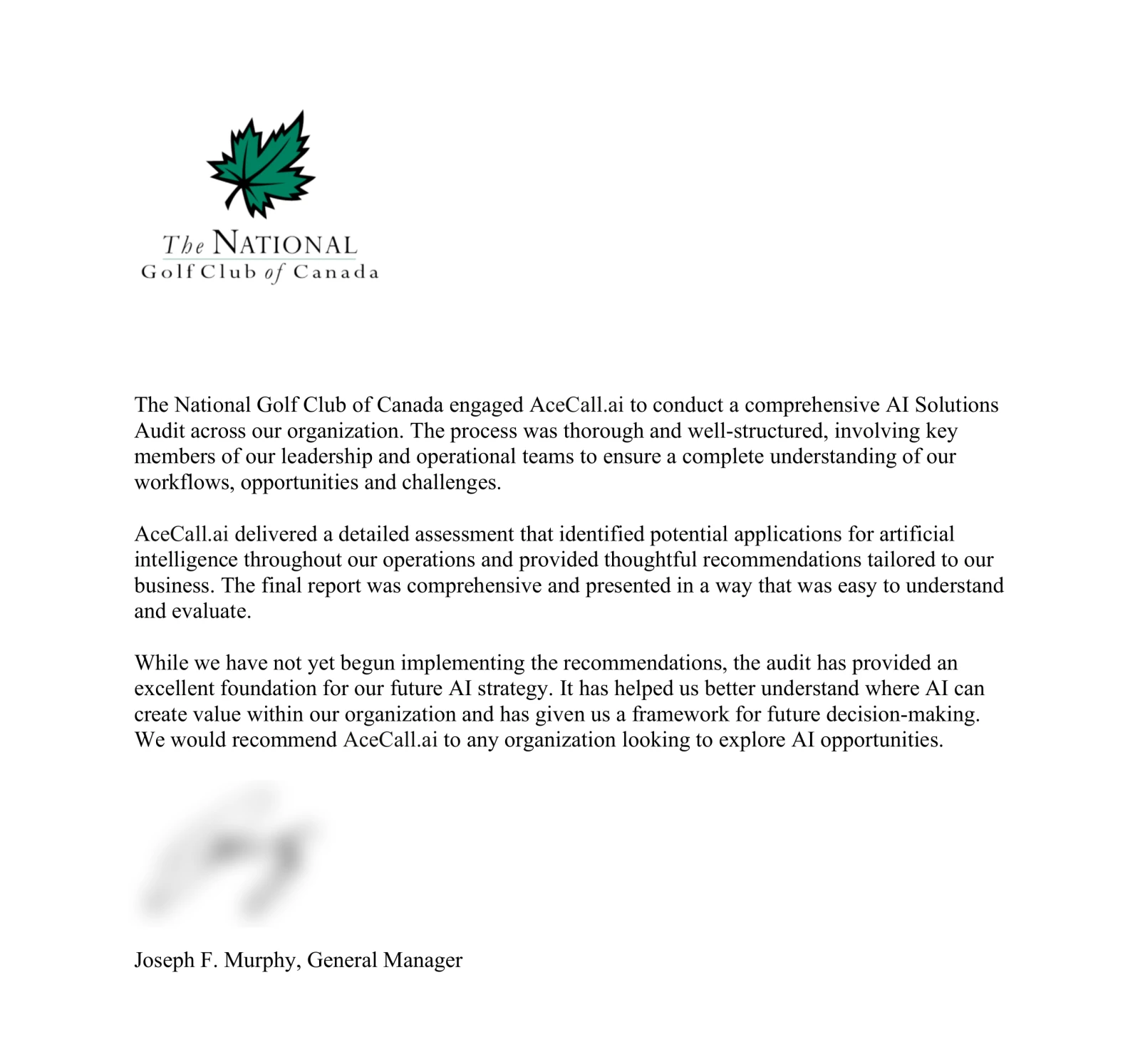 Signed reference letter from Joseph F. Murphy, General Manager of The National Golf Club of Canada, recommending AceCall.ai after its AI Solutions Audit
